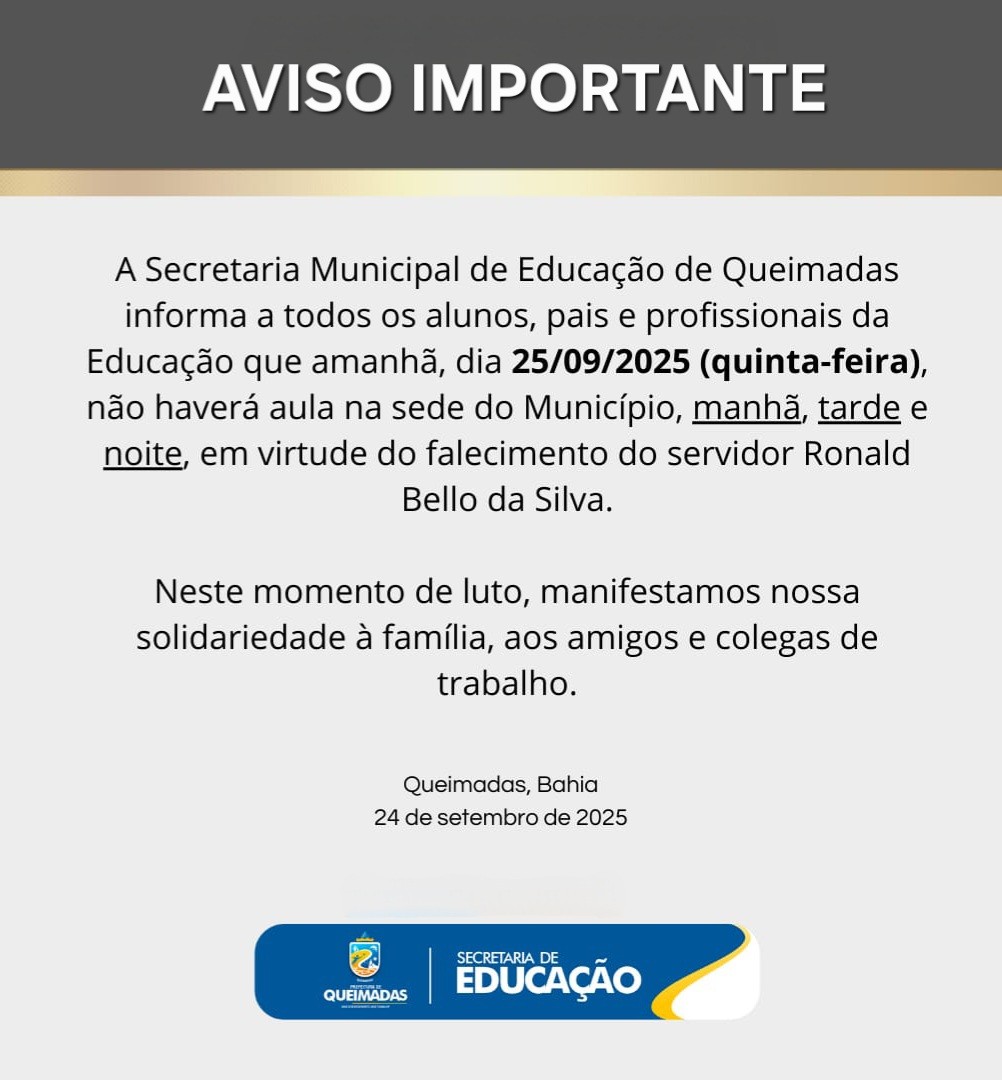 AVISO IMPORTANTE: SUSPENSÃO DAS AULAS DA SEDE NO DIA 25/09 - EM VIRTUDE DO FALECIMENTO DO SERVIDOR RONALD BELLO DA SILVA