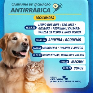 CAMPANHA DE VACINAÇÃO ANTIRRÁBICA: CONFIRA O CRONOGRAMA DE VACINAÇÃO ITINERANTE DE 15 A 20 DE SETEMBRO EM QUEIMADAS