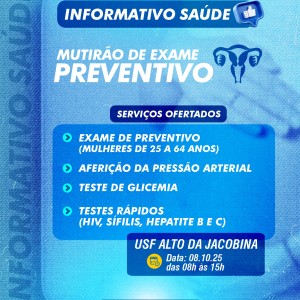 Secretaria de Saúde realizará Mutirão de Exames Preventivos na USF Alto da Jacobina nesta quarta-feira (08/10)