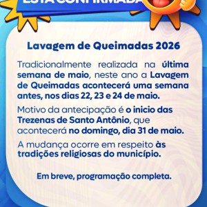 LAVAGEM DE QUEIMADAS 2026: PREFEITURA ANUNCIA ANTECIPAÇÃO DA FESTA - CONFIRA AS NOVAS DATAS