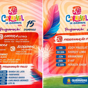 CARNAVAL DE QUEIMADAS 2026: confira os horários da programação completa dos blocos e atrações de palco